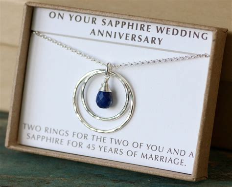 TRADITIONAL/MODERN GIFT: Both traditional and modern gifts for the 45th wedding anniversary are sapphire. As with most stones, sapphires can be incorporated ...